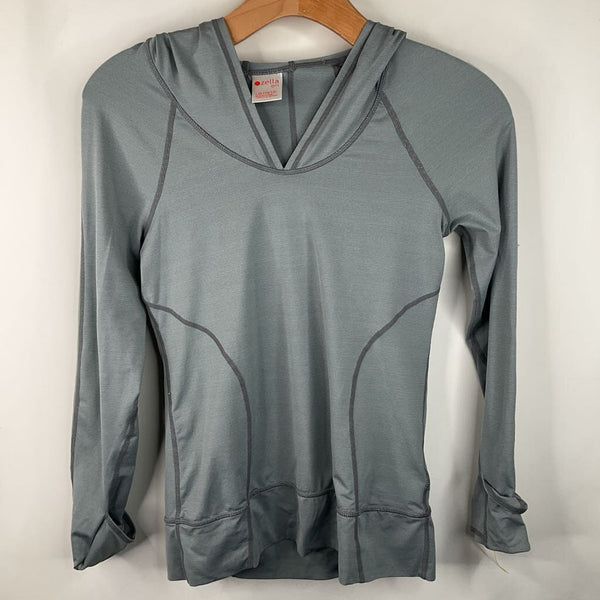 Size 10-12: Zella Girl Grey Striped Hooded Long Sleeve Shirt