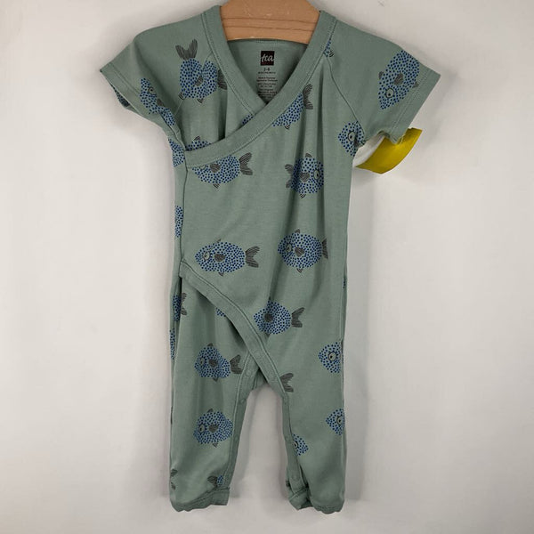 Size 3-6m: Tea Green/blue Dotted Fish Print Short Sleeve Romper