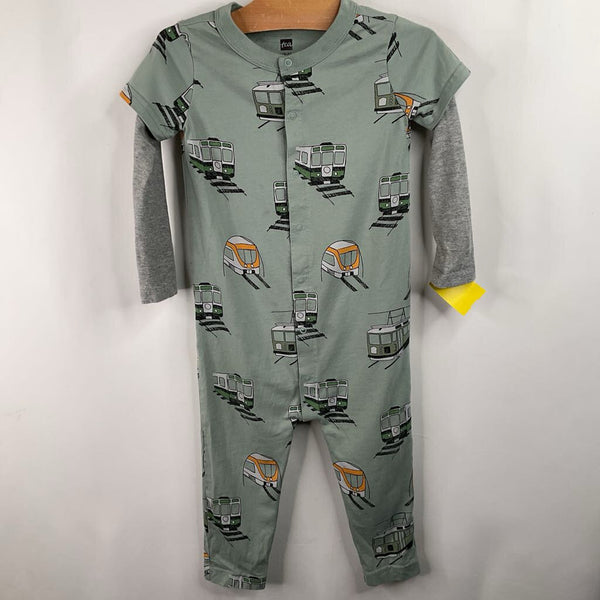 Size 18-24m: Tea Green Train Print Romper