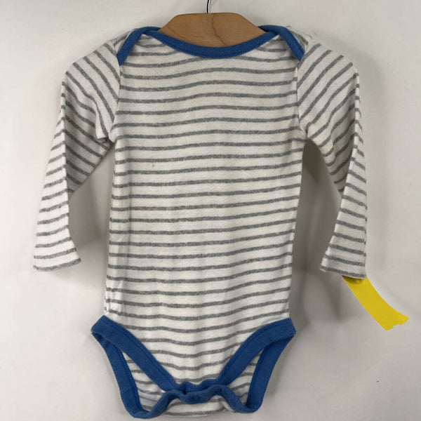 Size 3-6m: Baby Boden Blue/White/Grey Striped Long Sleeve Onesie