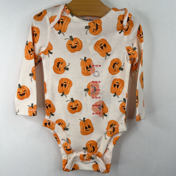 Size 6-12m: Old Navy Creme Pumpkin Print Long Sleeve Onesie-NEW W/Tag