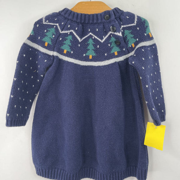 Size 12-18m (75): Hanna Andersson Blue/Green Trees Knitted Long Sleeve Dress