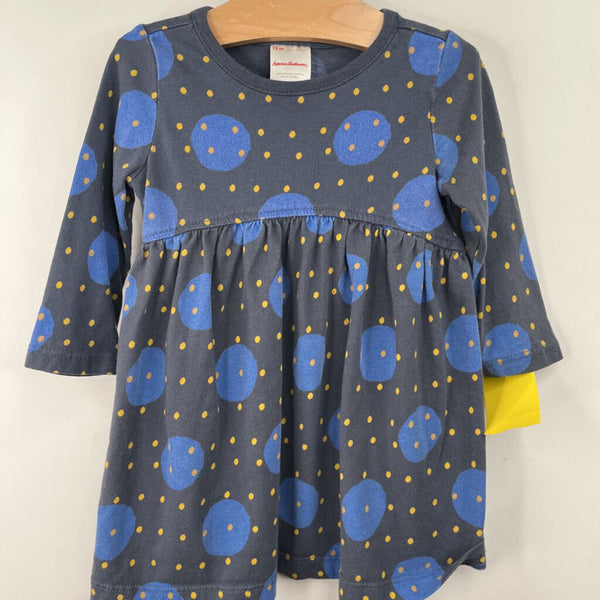 Size 12-18m (75): Hanna Andersson Grey/Blue/Yellow Polka Dot Long Sleeve Dress