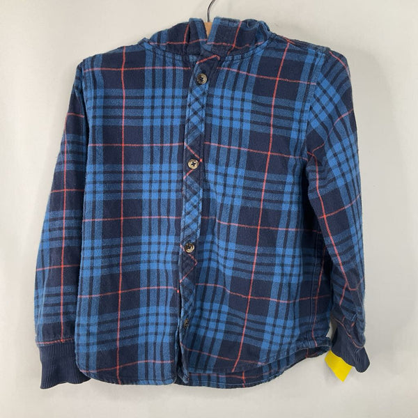 Size 4 (100): Hanna Andersson Blue Flannel Plaid Hoody Long Sleeve Button Up Shirt