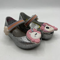 Size 4-4.5: Mini Melissa Silver Unicorn Velcro Mary Jane Shoes
