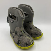 Size 4: Baby Bogs Grey/Green Spiders Insulated Rain Boots