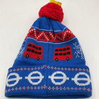 Size M: London Transport Museum Blue/Red Knitted Pom Pom Beanie