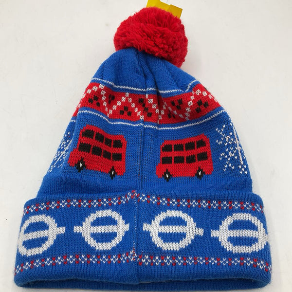 Size M: London Transport Museum Blue/Red Knitted Pom Pom Beanie