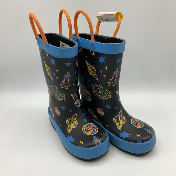 Size 7: Cat & Jack Black/Blue/Orange Space Print Rain Boots