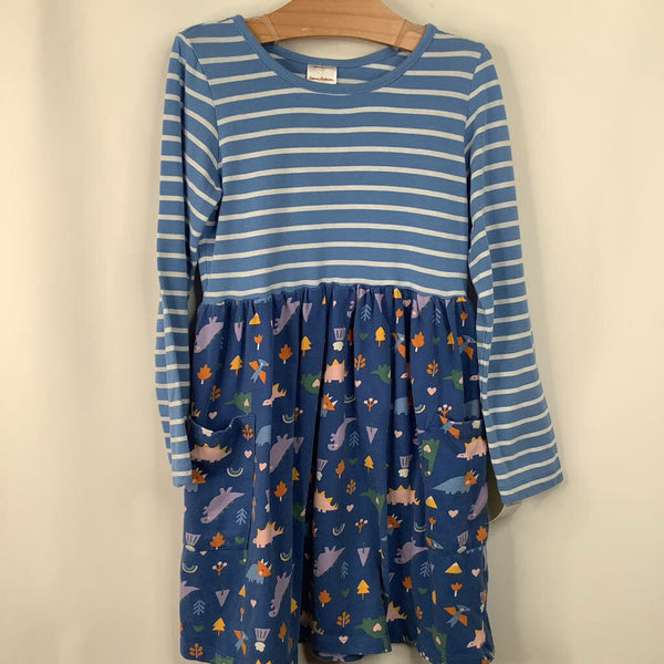 Size 6-7 (120): Hanna Anderson Blue/White Striped & Colorful Dinosaurs Long Sleeve Dress