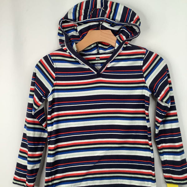 Size 8: Tea Blue/White/Red Striped Hooded Long Sleeve Shirt