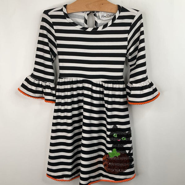 Size 2-3: Rare Editions Black/White/Orange Striped Long Sleeve Dress