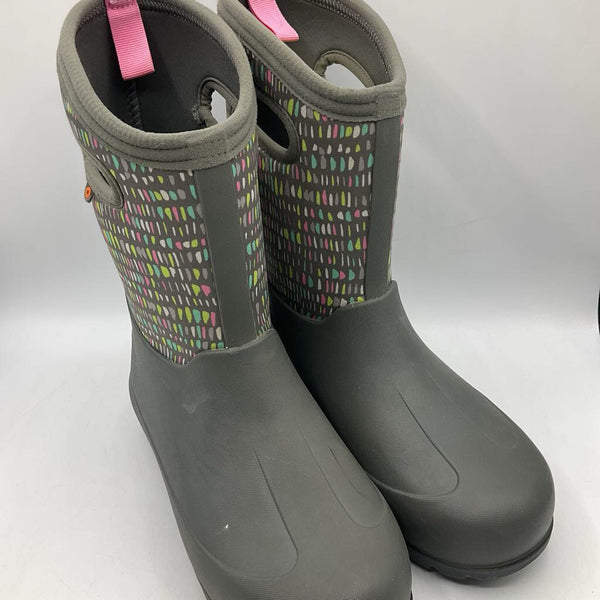 Size 5Y: Bogs Grey/Colorful Dotted Insulated Rain Boots