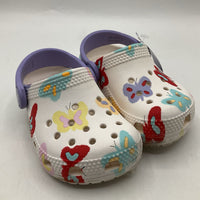 Size 6: Crocs White/Purple Butterflies Adjustable Strap Shoes