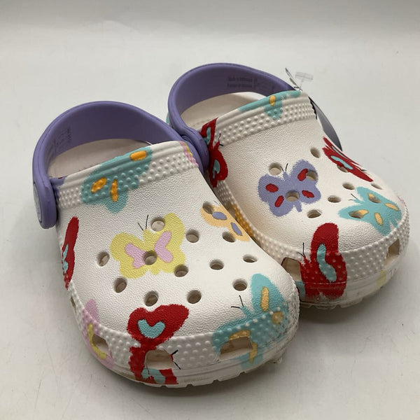 Size 6: Crocs White/Purple Butterflies Adjustable Strap Shoes