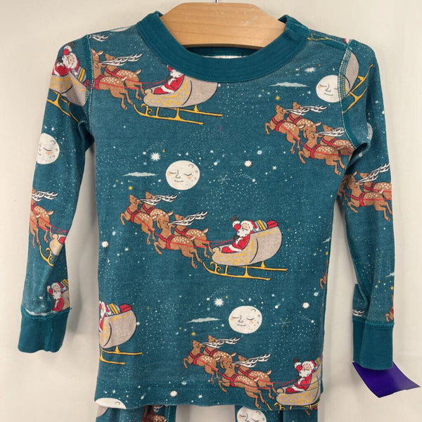 Size 3 (90): Hanna Andersson Blue Santa Sleigh Print 2pc PJs