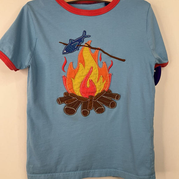 Size 6-7: Mini Boden Blue Campfire Roasting Fish Patched T-Shirt