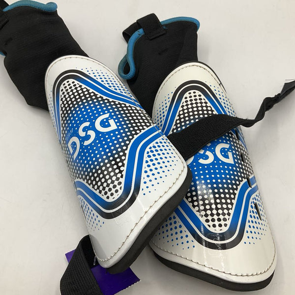 Size XL: DSG White/Blue Shin Guards