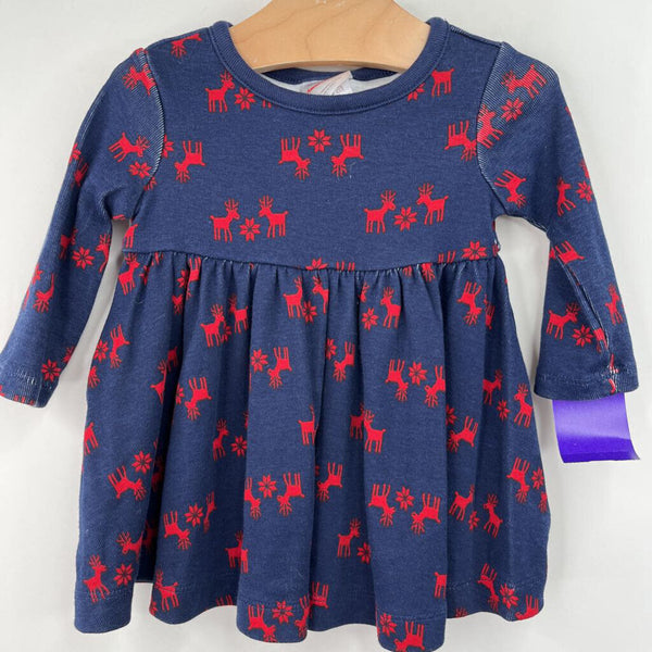 Size 3-6m (60): Hanna Andersson Blue/Red Reindeer Print Long Sleeve Dress