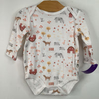 Size 6-9m: Rabbit + Bear White Farm Print Long Sleeve Onesie