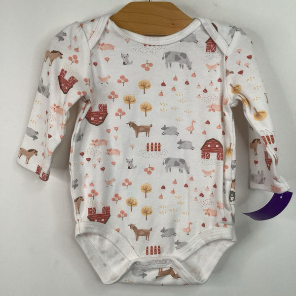 Size 6-9m: Rabbit + Bear White Farm Print Long Sleeve Onesie