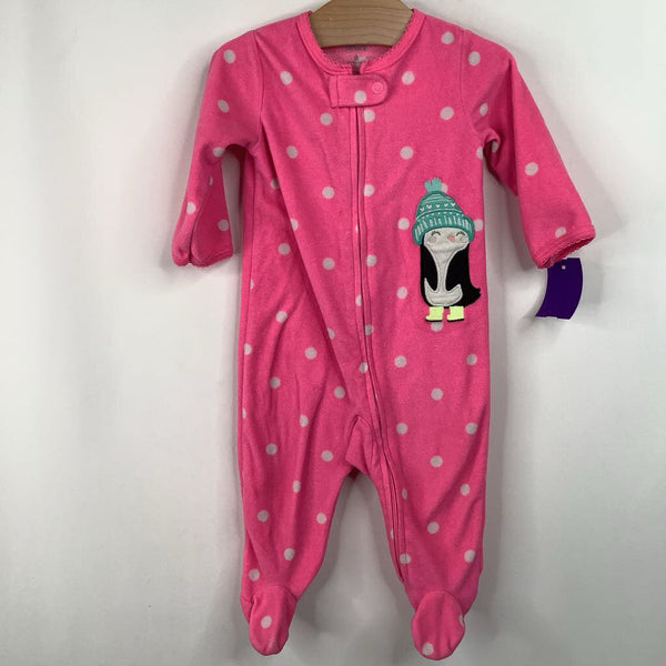 Size 6m: Carter's Pink Polka Dot Penguin Fleece 1pc Footy PJs