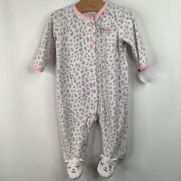 Size 6m: Carter's White/Pink Cheetah Print Fleece 1pc Footy PJs