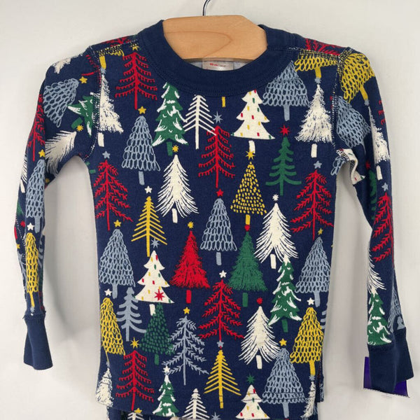 Size 3 (90): Hanna Andersson Blue/Colorful Holiday Trees Print 2pc PJs