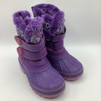 Size 10: Ducko Purple/Pink Hearts Velcro Strap Snow Boots