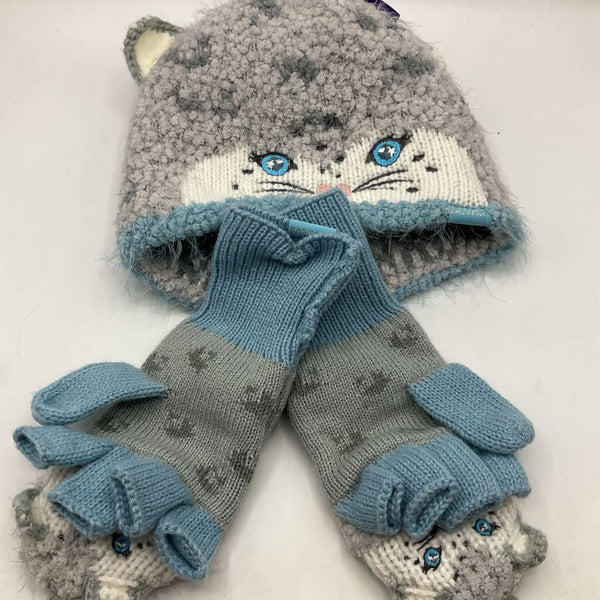 Size L: Fat Face Grey/Blue Knitted Beanie & Mittens