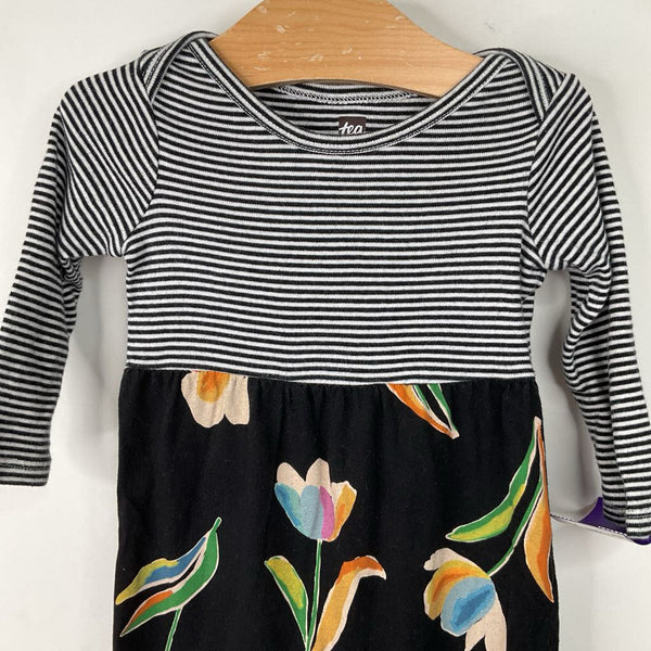 Size 3-6m: Tea Black Striped/Colorful Floral Long Sleeve Romper