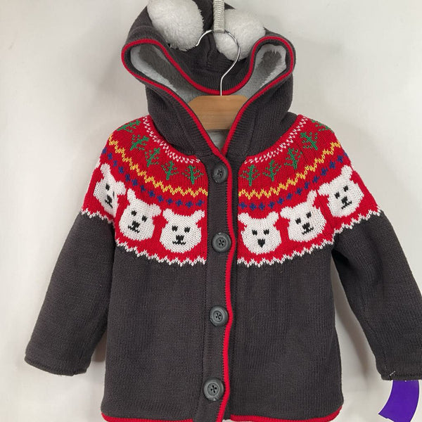 Size 12-18m (75): Hanna Andersson Brown/Red Polar Bear Knitted Cozy Button-Up Hooded Cardigan