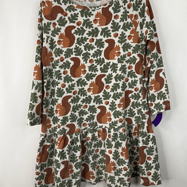 Size 5: Winter Water Factory Green/Brown Squirrel & Leaves Print Long Sleeve Dress