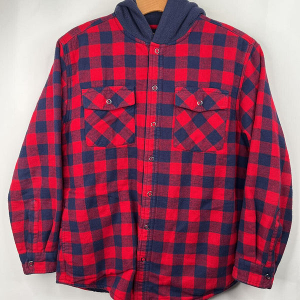 Size 14-16: L.L. Bean Red/Blue Checkered Hooded Button-Up Flannel