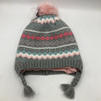 Size M: Pink/Grey Knitted Pom Pom Beanie