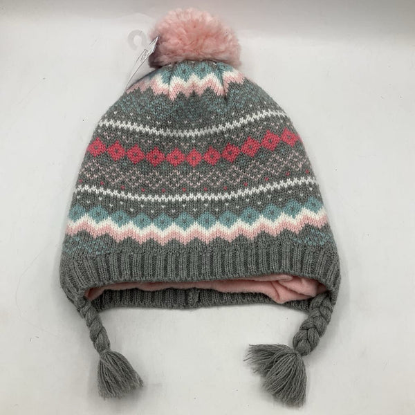 Size M: Pink/Grey Knitted Pom Pom Beanie