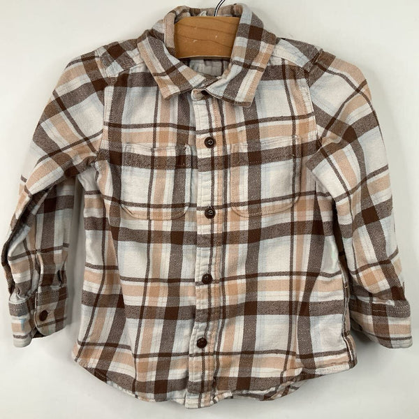Size 3: Gap Creme/Brown Plaid Collared Button-Up Long Sleeve Shirt