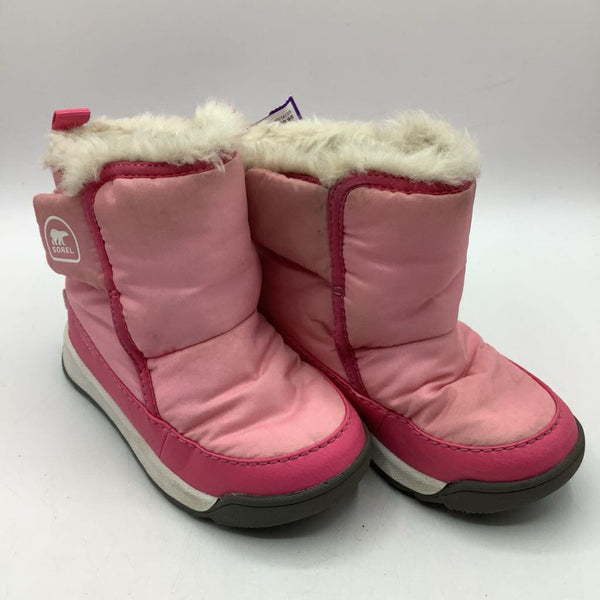 Size 9: Sorel Pink Fuzzy Lined Velcro Strap Snow Boots
