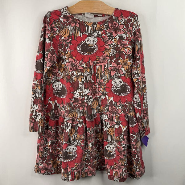 Size 5-6: Moomin Pink/Brown Floral Long Sleeve Dress