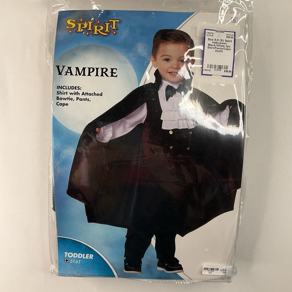 Size 5-6 (S): Spirit Halloween Black/White 3pc Shirt/Pants/Cape Outfit