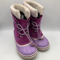Size 1Y: Sorel Pink/Purple Snow Flakes Toggle Strap Snow Boots