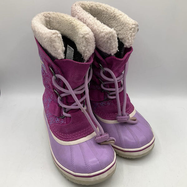 Size 1Y: Sorel Pink/Purple Snow Flakes Toggle Strap Snow Boots