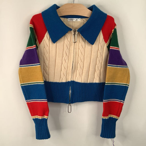 Size 5: Throwing Tiny Fits Cream/Multicolor Zip-Up Sweater