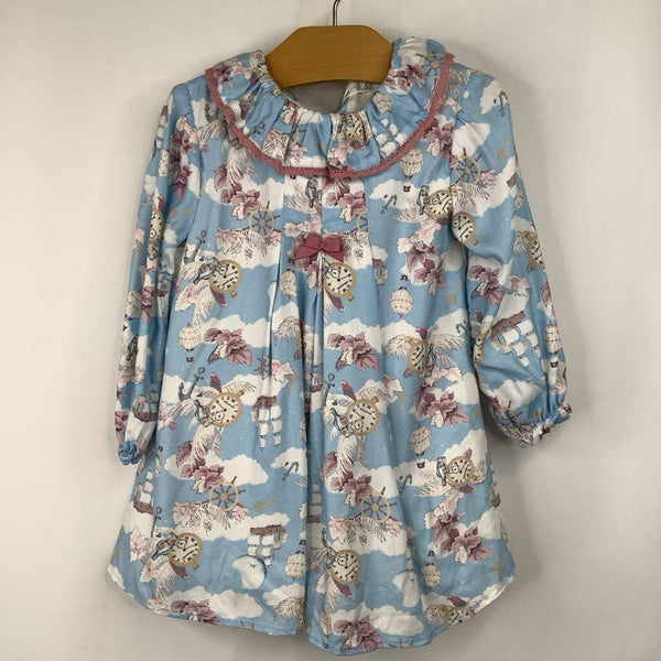 Size 12m: Tutto Piccolo Blue Sky Clock Print Long Sleeve Dress-NEW W/Tag