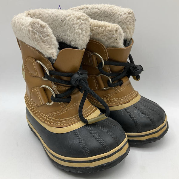 Size 7: Sorel Black/Tan Faux Fur Lined Toggle Snow Boots