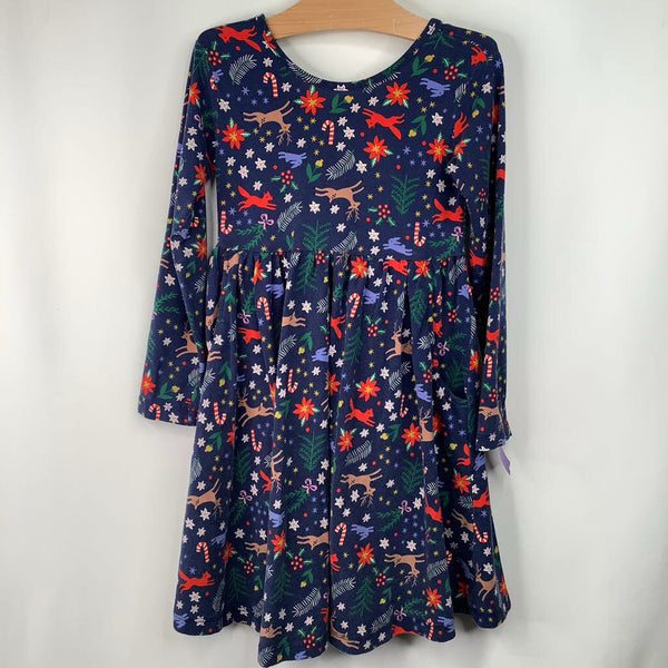 Size 5 (110): Hanna Andersson Blue Holiday Print Long Sleeve Dress