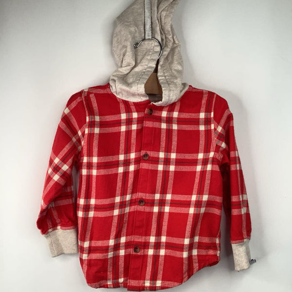 Size 3 (90): Hanna Andersson Red/White Plaid Hooded Button-Up Long Sleeve Shirt