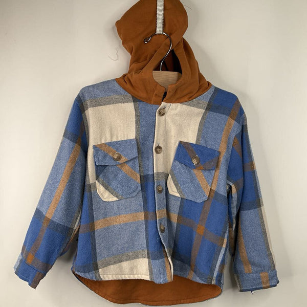Size 4 Olive & Scout White/Blue/Tan Plaid Button Up Hooded Shirt