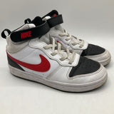 Size 1Y: Nike White/Black/Red Velcro Strap High Top Sneakers