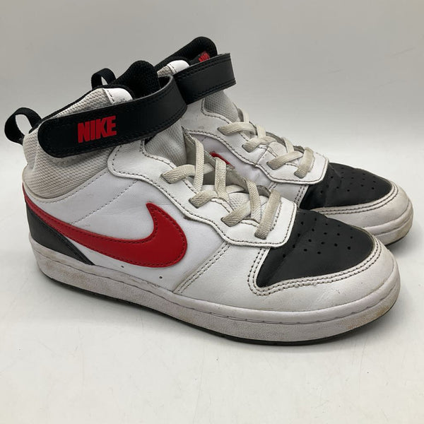 Size 1Y: Nike White/Black/Red Velcro Strap High Top Sneakers